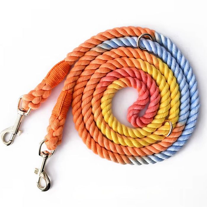Rainbow Heavy-duty braided rope dog leash with adjustable metal rings and two heavy-duty clips